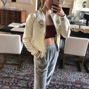 White satin bomber jacket with flower embroidery🌷